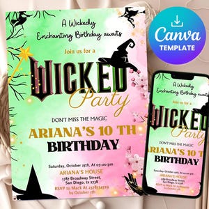 Wicked Birthday Party Invitation, Wicked party invitation, WICKED inspired Movie ticket, Elphaba & Glinda Theme, Movie party, Canva Editable