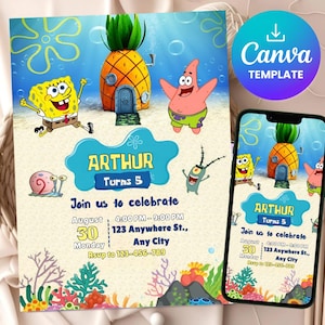 Editable Spongebob Birthday Invitation, Digital Spongebob Party Invite, Sponge Bob Square Pants Birthday Party Invitation, Instant Download