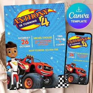 May include: A birthday party invitation featuring a cartoon character and a red monster truck. The invitation reads "ANTHONY IS TURNING 4" with event details. A smartphone displays the same design. The Canva template is also visible.