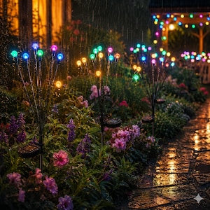 May include: Multiple solar-powered garden lights with thin metal stems topped by glowing multicolored LED spheres. These lights are positioned among green foliage and purple flowers in a rainy outdoor setting, with a stone path nearby.