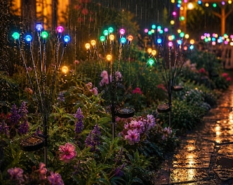 Può includere: Diverse luci solari da giardino con sottili steli in metallo sormontati da sfere LED multicolori luminose. Queste luci sono posizionate tra fogliame verde e fiori viola in un ambiente esterno piovoso, vicino a un sentiero in pietra.