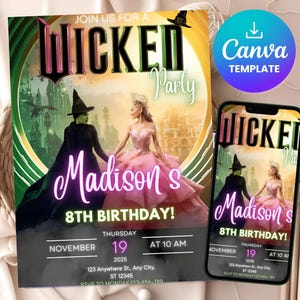 Wicked Birthday Party Invitation, Wicked party invitation, WICKED inspired Movie ticket, Elphaba & Glinda Theme, Movie party, Canva Editable