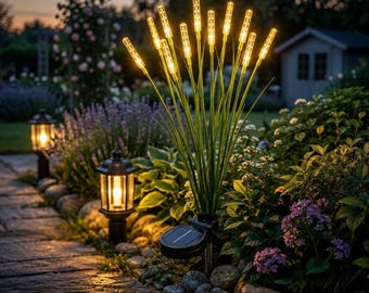 Può includere: Una lampada da giardino a energia solare con molteplici steli verdi sottili sormontati da luci LED bianco caldo. Il dispositivo include una base circolare nera con pannello solare ed è posizionato tra piante da giardino e vialetti in pietra.