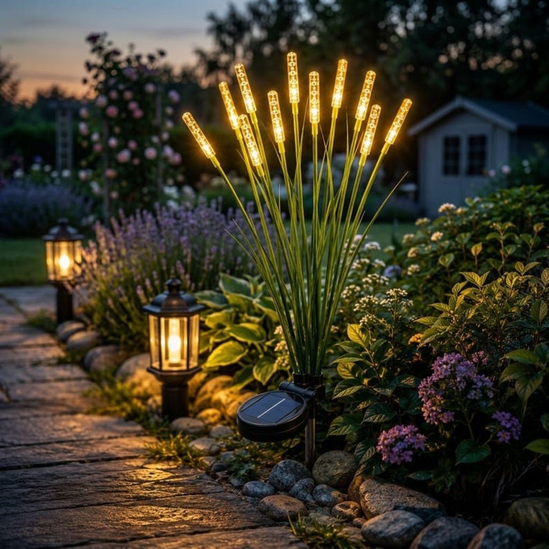 Solar Reed Cattail Garden Lights | Waterproof LED Pathway Stake | Warm White Colorful Outdoor Landscape | Patio Yard Decor | 6 8 10 Head Warm white