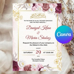 Editable Islamic Nikkah Invitation Template | Islamic Wedding Invitation Red Floral | Muslim Wedding Invitation | Instant Download