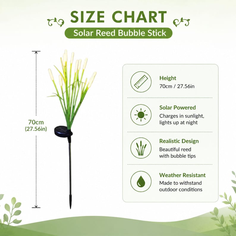 Pu&ograve; includere: Una lampada solare da giardino a forma di canna con punte a bolla, alta 70 cm. Il dispositivo presenta steli verdi con estremit&agrave; bianche a bolla, un pannello solare circolare e un picchetto. Il testo include SIZE CHART e Solar Reed Bubble Stick.