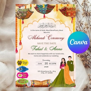 Editable Colorful Mehndi Invitation Template, Orange Umbrella Haldi Dholki Mayoun Invite , Editable Canva Template, Digital Download