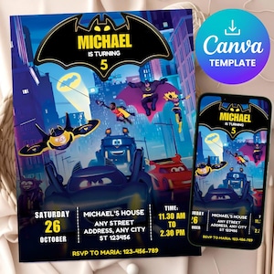 Batwheels, Printable Birthday Invitation, Digital Birthday Invitation, Editable Digital Invitation, Kids Birthday Invitation, Canva Template