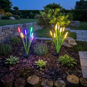 Pu&ograve; includere: Due lampade solari da giardino con sottili steli verdi e punte luminose. La lampada a sinistra emette una luce multicolore rossa, blu e verde, mentre quella a destra emana un caldo bagliore giallo. Entrambe sono posizionate su pacciame.