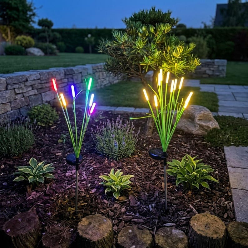 Pu&ograve; includere: Due lampade solari da giardino con sottili steli verdi e punte luminose. La lampada a sinistra emette una luce multicolore rossa, blu e verde, mentre quella a destra emana un caldo bagliore giallo. Entrambe sono posizionate su pacciame.