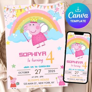 Editable Pegga Pig Birthday Invite, Pig Cartoon Party Template for Kids, Digital Birthday Card, Canva Instant Download, Printable Invite