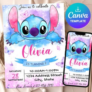 Stitch Birthday Invitation Editable Template, Canva Editable Birthday Invitation, Stitch Birthday Party Invitation, Invite Canva Template