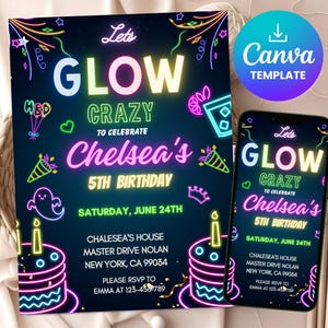 Invitación de cumpleaños Glow EDITABLE, invitación Glow, niña, niño, invitación a fiesta de neón, luces de neón, plantilla de fiesta Glow, Canva editable, Glow Evite