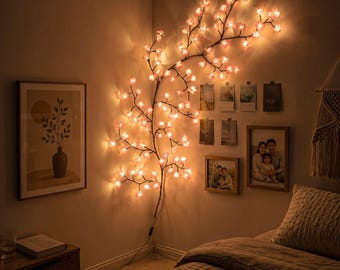 Pink Cherry Blossom Vine Lights | LED Willow Branch Wall Decor | Celestial Fairy String Lamp | Romantic Bedroom Decor | 8 Mode USB Lighting