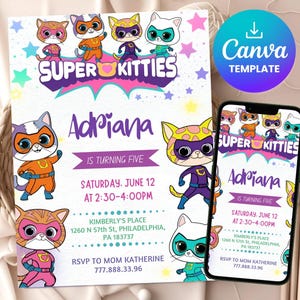 Girl Super Kitties Birthday Invitation, Super Kitties Invitation Kitty Cat Party Invite Editable and Printable Invite Instant Download