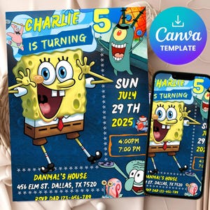 Editable Spongebob Birthday Invitation, Digital Spongebob Party, Digital Bday Party Invite Template , Party Invitations, Instant Download