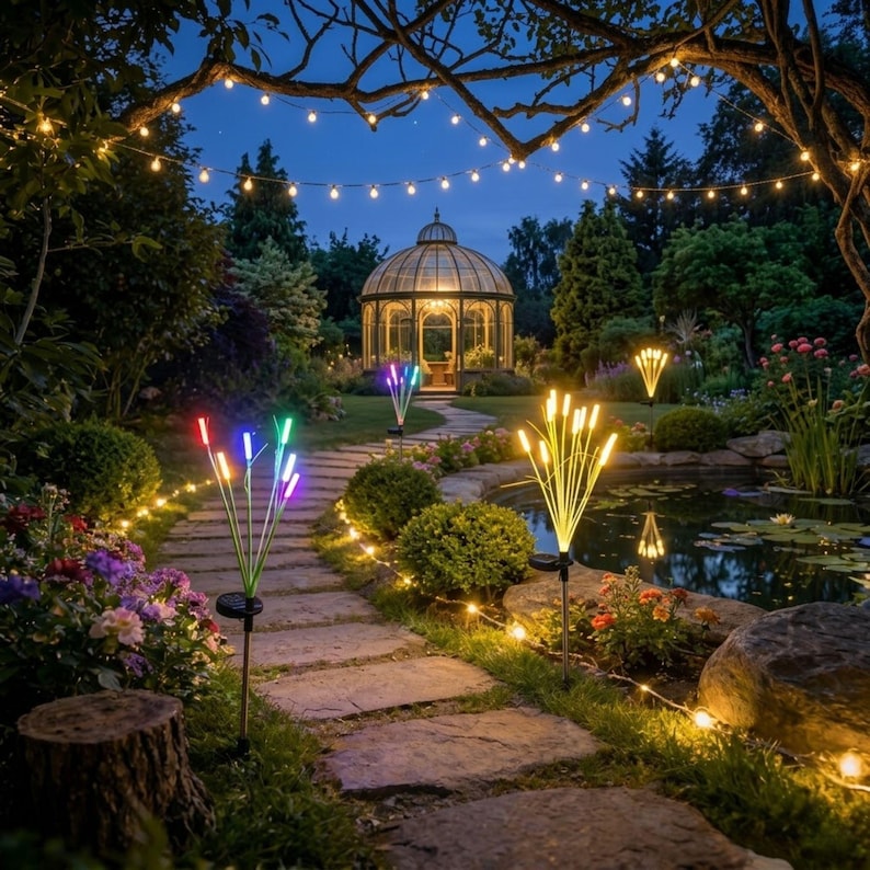 Pu&ograve; includere: Luci da giardino a energia solare con steli sottili e verticali sormontati da punte in fibra ottica luminose dai colori vivaci, posizionate lungo un sentiero in pietra e uno stagno in un giardino rigoglioso illuminato da luci a festone e un gazebo.