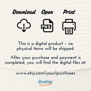 Puede incluir: Un gr&aacute;fico de descarga de producto digital con iconos para descargar, abrir e imprimir. El texto dice "Este es un producto digital - no se enviar&aacute;n art&iacute;culos f&iacute;sicos. Despu&eacute;s de su compra y pago, encontrar&aacute; los archivos digitales en: www.etsy.com/your/purchases"