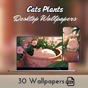 May include: A digital illustration of a white cat sleeping in a terracotta pot filled with pink flowers. The image is a desktop wallpaper and is part of a collection of 30 wallpapers.