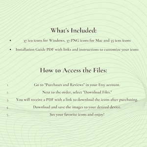 May include: A light green background with text detailing the contents of a digital download. The text includes the number of icons for Windows and Mac, and instructions on how to access the files after purchase.