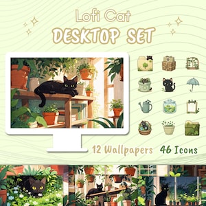 Lofi cat desktop set, cute desktop organizer, kawaii cat folder icon, windows background, Lofi icons, anime wallpaper, desktop organizer