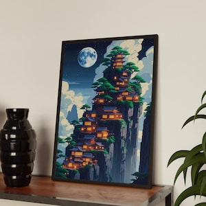 Japanese Pixel Art Print, Pixel Art Poster, Fantasy Japanese Village Cliffs, Retro Ghibli Inspired Wall Art, Landscape Print, Japanese Style