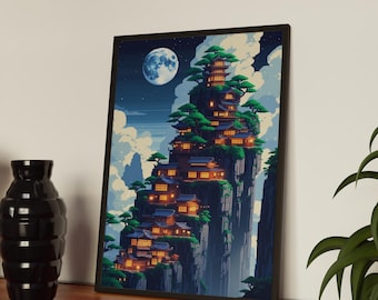 Japanisches Dorf Pixel Art Print: Ghibli Cliffside Poster (Digital Download)