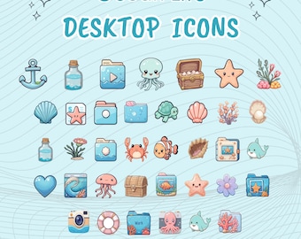 Ocean Desktop Icons: Kawaii Sea Animals, Blue Folders (Digital Download)