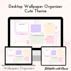 Puede incluir: Un organizador de fondo de escritorio con un tema lindo. El fondo de pantalla presenta una combinación de colores pastel con rosa, morado, amarillo y verde. Incluye secciones para listas de tareas, tareas importantes, aplicaciones, trabajo y notas. El texto "Sé amable contigo mismo" está incluido en un globo de diálogo. El fondo de pantalla es editable con Canva.