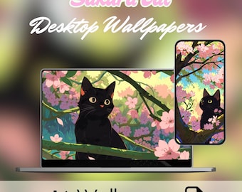 Sakura Cat Lofi Wallpaper: Kawaii Desktop & Phone Hintergründe (Digitaler Download)