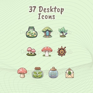 May include: A collection of 37 desktop icons with a whimsical, nature-inspired theme. The icons include illustrations of mushrooms, trees, jars with plants, a ship's wheel, and a house with a tree-like roof. The background is a light green with curved lines.