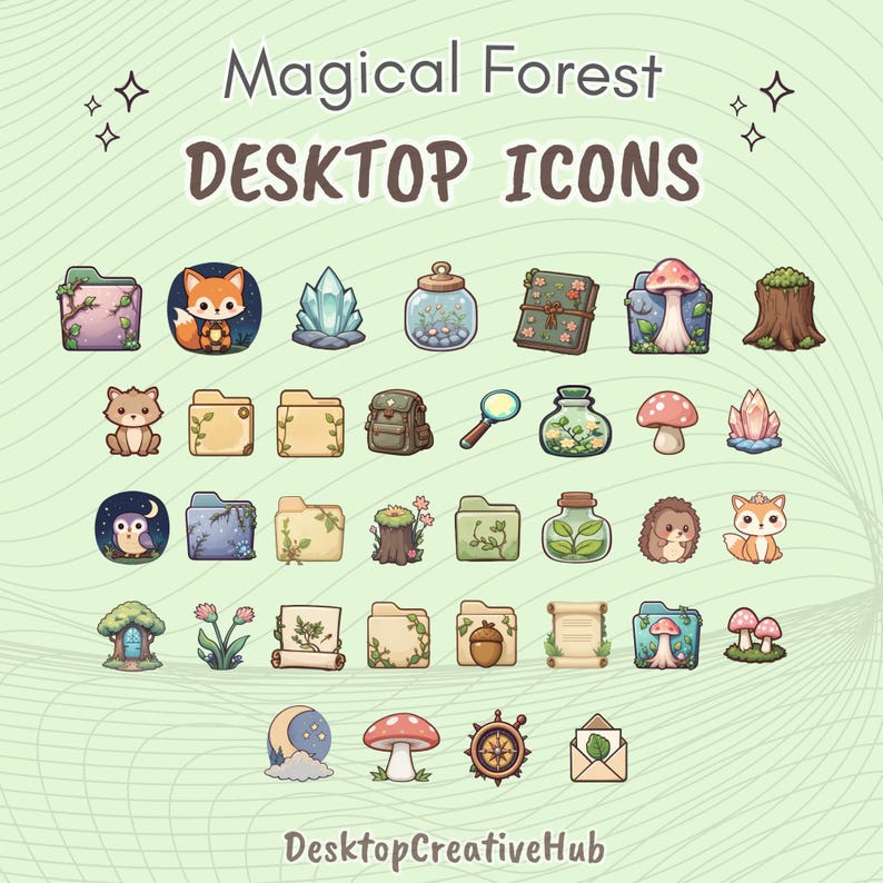 May include: A collection of whimsical desktop icons with a magical forest theme. The icons include folders, animals, crystals, mushrooms, and other nature-inspired elements. The text "Magical Forest DESKTOP ICONS" is displayed at the top.