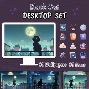 Black Cat Lofi, Desktop Set, Icons, Wallpapers, Night, Cute Desktop Organizer, Windows Background, Kawaii Cat Folder, Mac Bundle Aesthetic