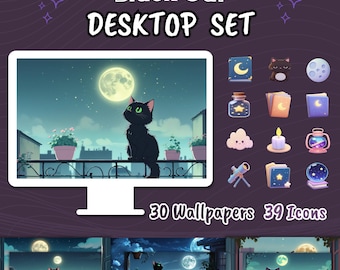 Schwarze Katze Kawaii Desktop Set, Mondschein Icons und Wallpaper (Digitaler Download)