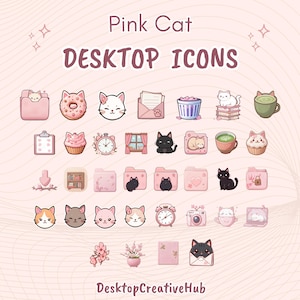 Puede incluir: Gráfico de "Pink Cat DESKTOP ICONS" con ilustraciones rosas y blancas de gatos, donuts, carpetas y otros iconos de escritorio. El texto "Pink Cat DESKTOP ICONS" está en la parte superior, con el sitio web "DesktopCreativeHub" en la parte inferior.