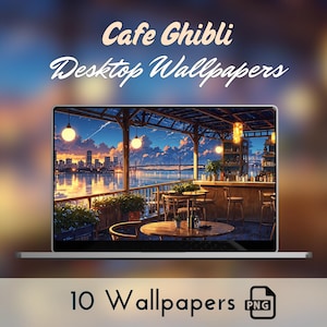 Fondo de pantalla de cafetería, caprichoso inspirado en Ghibli, fondo de pantalla para un ambiente acogedor de cafetería japonesa, computadora lofi, fondo de pantalla estético, MacBook de anime