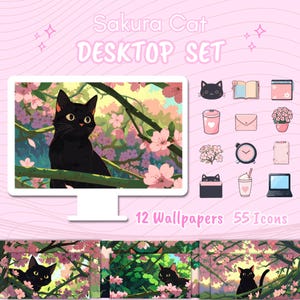 Sakura Cat Lofi, Desktop Set, Cute Wallpapers, Icons, Pink, Desktop Organizer, Kawaii Cat Folder, Windows Background, Mac Bundle Aesthetic