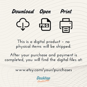 May include: Digital product graphic with the words "Download", "Open", and "Print" above icons. The image states it's a digital product with no physical items shipped and provides a link to find the digital files after purchase.