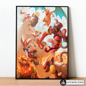 Może przedstawiać: Cyfrowa ilustracja grupy Pokémonów typu ognistego, w tym Arcanina w kolorze czerwono-czarnym, Flareona w kolorze czerwono-białym, Vaporeona w kolorze czerwono-pomarańczowym, Charizarda w kolorze czerwono-pomarańczowym, Infernape'a w kolorze czerwono-pomarańczowym i Entei w kolorze czerwono-pomarańczowym. Wszystkie Pokémony są w bojowej pozie, otoczone płomieniami i dymem.