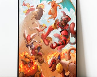 Fire Pokemon Poster, Charizard, Typhlosion, Anime Wall Art (Digital Download)