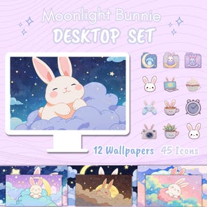 Puede incluir: Un conjunto de escritorio con temática de conejito. El conjunto incluye un monitor de computadora con un fondo de pantalla de conejito en una nube, 12 fondos de pantalla y 45 iconos. La paleta de colores es suave con azules pastel, rosas y blancos.