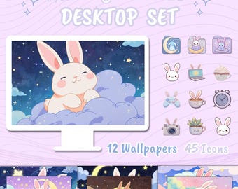 Moonlight Bunny Desktop Set, Kawaii Icons & Wallpapers (Digitaler Download)