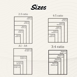 May include: A chart showing different print sizes in inches and centimeters for 2:3, 4:5, and 3:4 aspect ratios. The chart includes sizes from 8x10 inches to 24x36 inches.