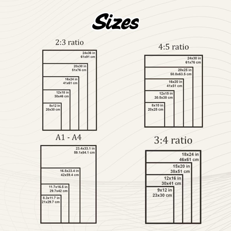 May include: A chart showing different print sizes in inches and centimeters for 2:3, 4:5, and 3:4 aspect ratios. The chart includes sizes from 8x10 inches to 24x36 inches.