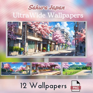 May include: Digital wallpapers featuring Japanese cherry blossom scenes. The image shows a variety of ultra-wide wallpapers with scenes of streets, train stations, and landscapes. The text on the image reads "Sakura Japan Ultra Wide Wallpapers" and "12 Wallpapers".