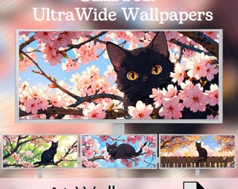 以下が含まれることがあります： ピンクの桜の花の中で、黄色の目をした黒猫を描いたデジタルアート。上部には「Sakura Cat Ultra Wide Wallpapers」というテキストが表示されています。下部には、3つの異なる壁紙デザインと、「16 Wallpapers」というテキスト、PNGファイルアイコンが表示されています。