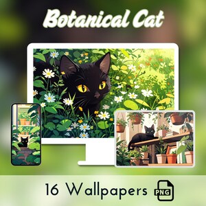 Fondo de pantalla de gato negro, fondo de pantalla de plantas, verde acogedor, fondo de pantalla de escritorio, fondo de pantalla de plantas botánicas, gato kawaii, fondo de pantalla de anime, gatos y plantas