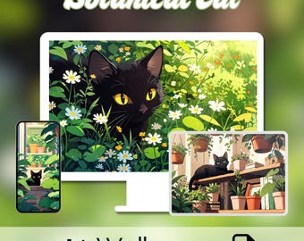 Kawaii Black Cat Wallpaper: Botanical Plant Desktop & Mobile (Digital Download)