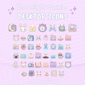 Könnte beinhalten: Ein Set mit 36 niedlichen, Hasen-themed Desktop-Icons in Pastellfarben. Die Icons zeigen verschiedene Designs, darunter einen Mond, eine Kerze, eine Uhr, einen Gamecontroller, einen Laptop, einen Ordner, einen Cupcake, eine Pflanze, ein Buch, eine Kamera, einen Fernseher, ein Notizbuch, eine Zaubertrankflasche und ein Häschen. Die Icons sind perfekt, um Ihrem Desktop einen Hauch von Verspieltheit zu verleihen.