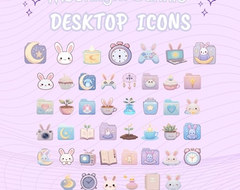 Moonlight Bunny Desktop Icons, Kawaii Folder Set (Windows/Mac)